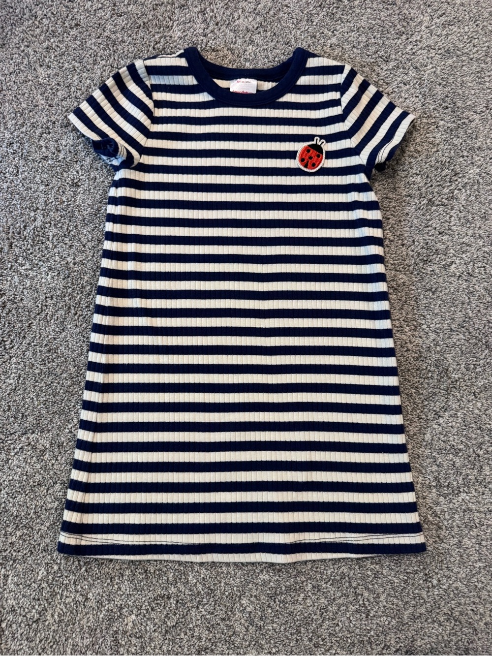 Hanna Andersson Navy and White Striped Rib Knit Dress with Ladybug Patch